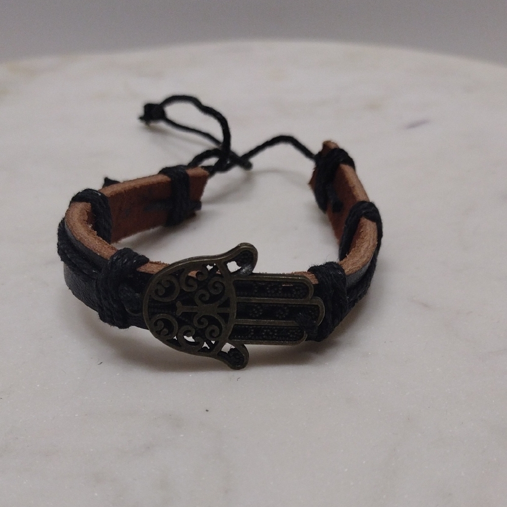 Bronze Hamsa Hand Charm Black Leather Adjustable Bracelet #BA-17